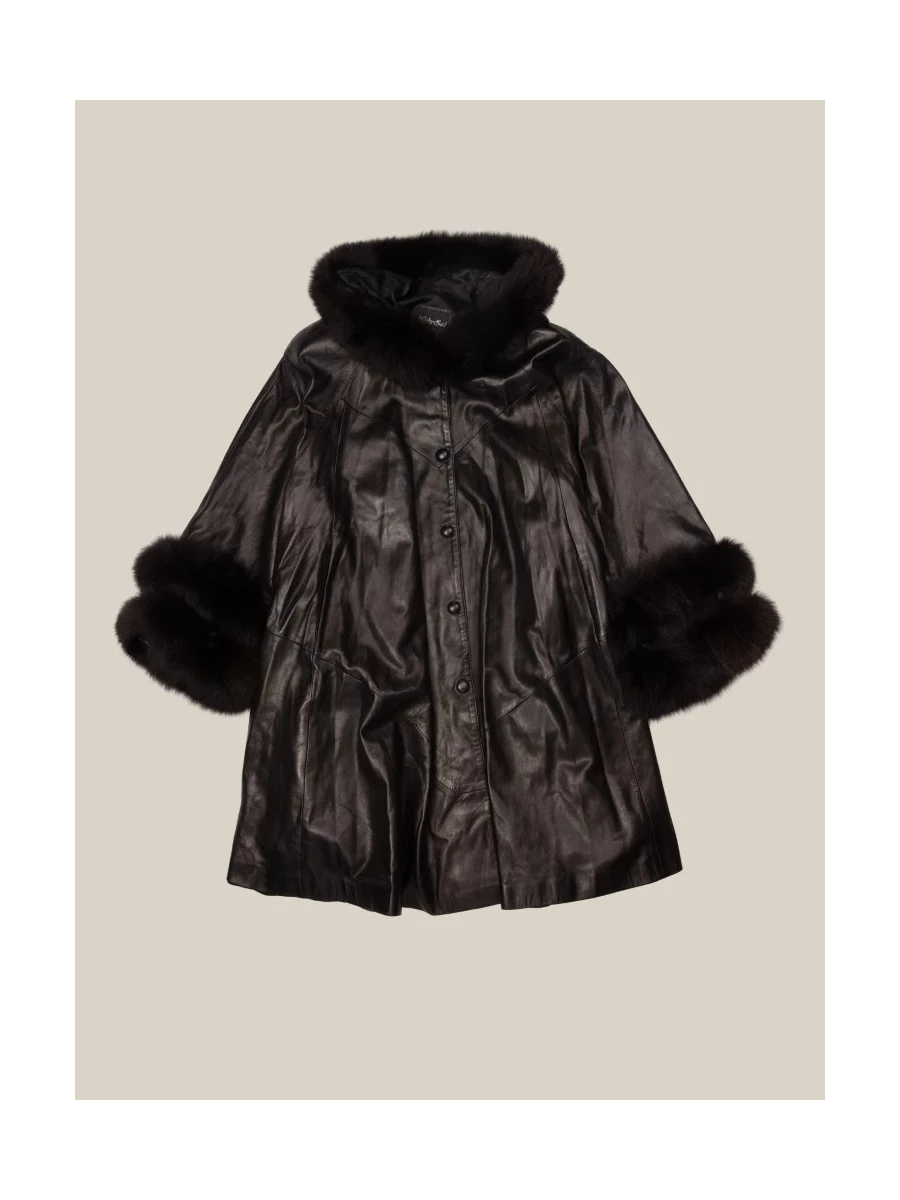 Cappotto Nero Vintage in pelle con inserti in pelliccia