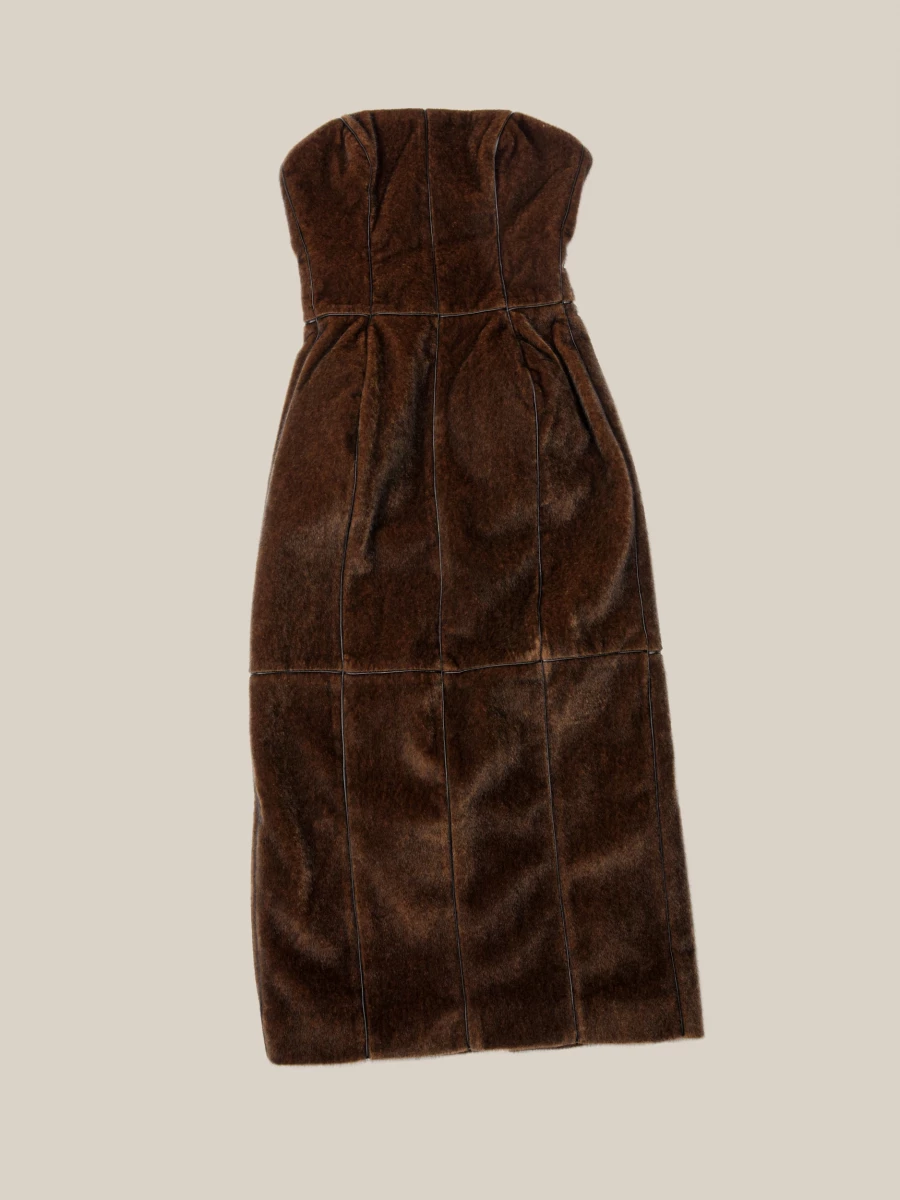 Brown Padded Fake Mink Off - Shoulder Midi Dress