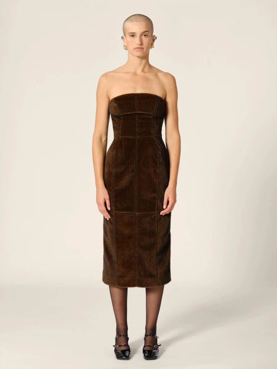 Brown Padded Fake Mink Off - Shoulder Midi Dress