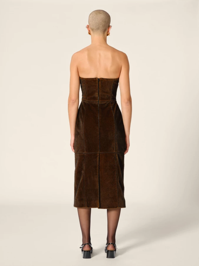 Abito Midi Marrone a Spalle scoperte in Pelliccia Ecologica con imbottitura