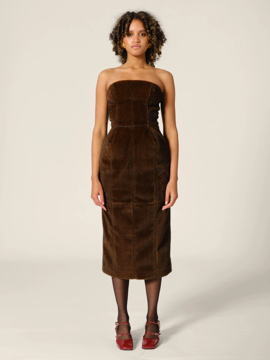 Brown Padded Fake Mink Off - Shoulder Midi Dress