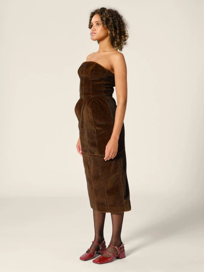 Brown Padded Fake Mink Off - Shoulder Midi Dress