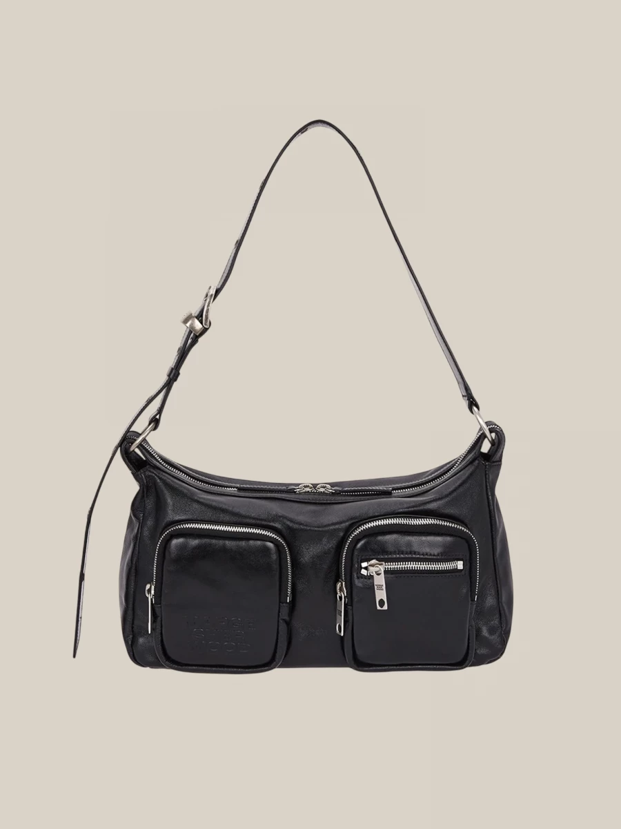 Black 'Outpocket Hobo' Glossy Calfskin Leather Bag