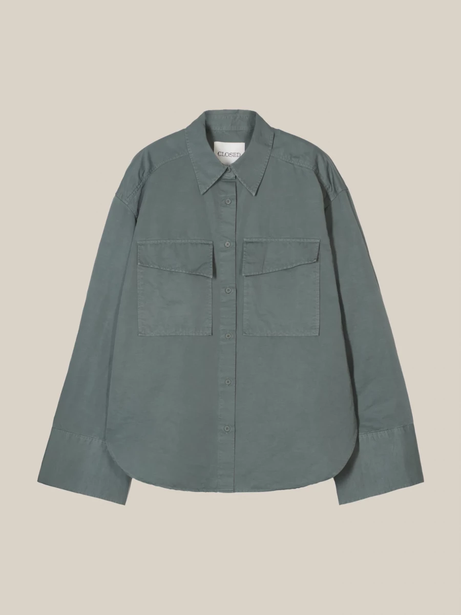 Green 'Utility' Shirt in Cotton Linen Blend with Pockets"