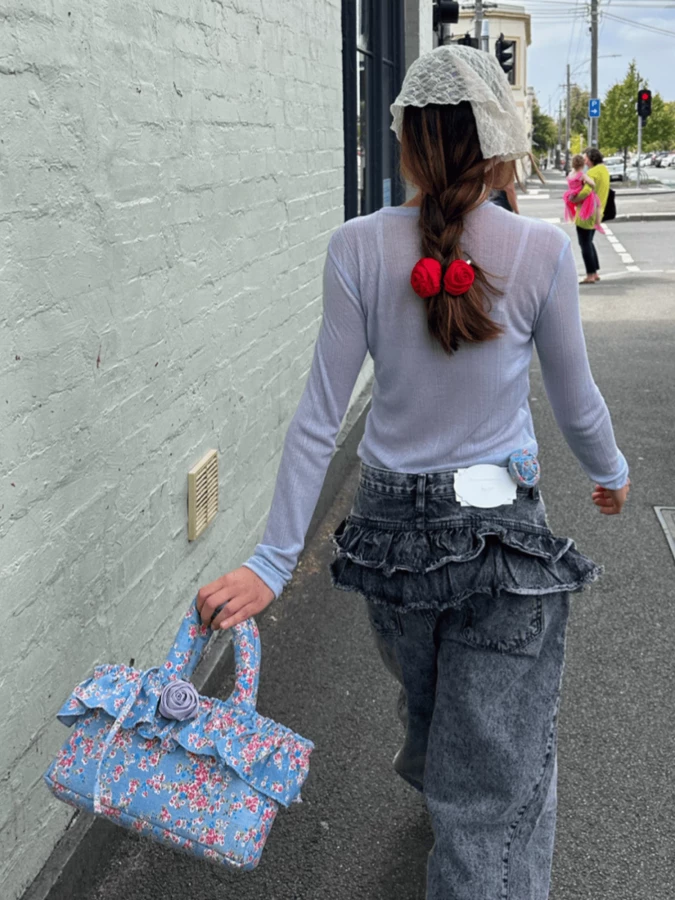 Borsa 'Baguette' Stampa Floreale in Tessuto Trapuntato