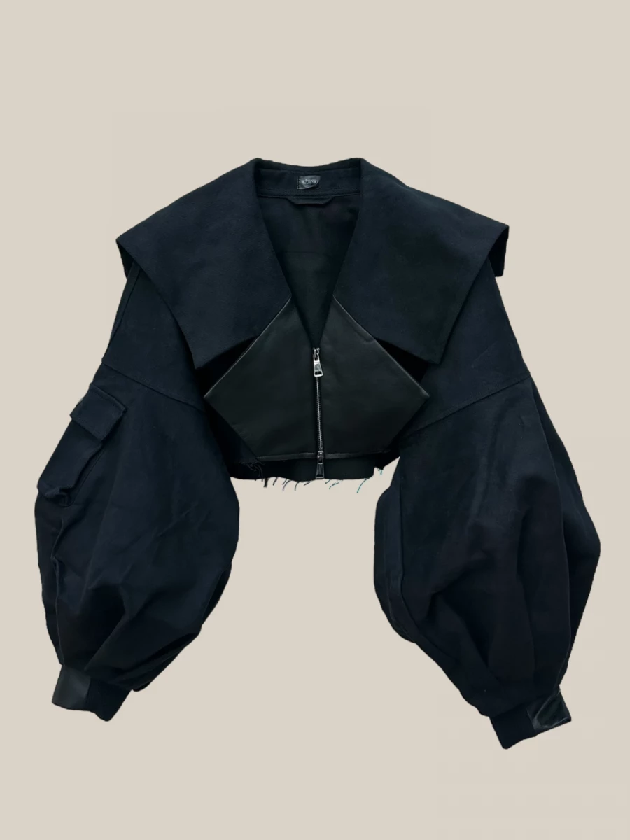 Black 'Breeze' Crop Jacket in Cotton with Leather Details