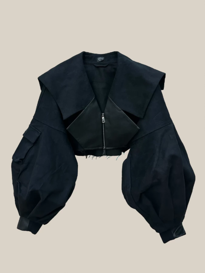 Black 'Breeze' Crop Jacket in Cotton with Leather Details