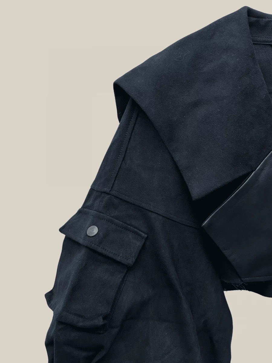 Black 'Breeze' Crop Jacket in Cotton with Leather Details