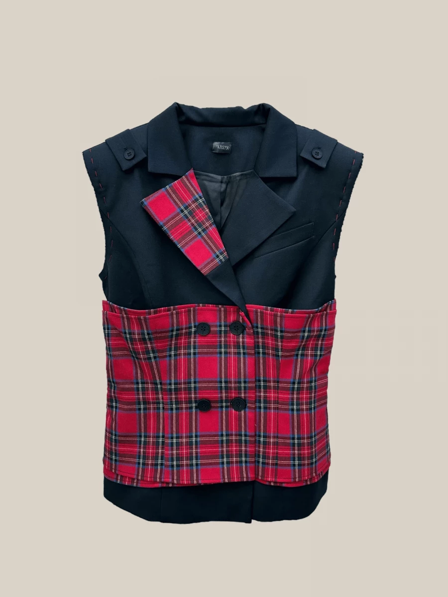 Black 'Roll' Tweed Vest with Tartan Inserts