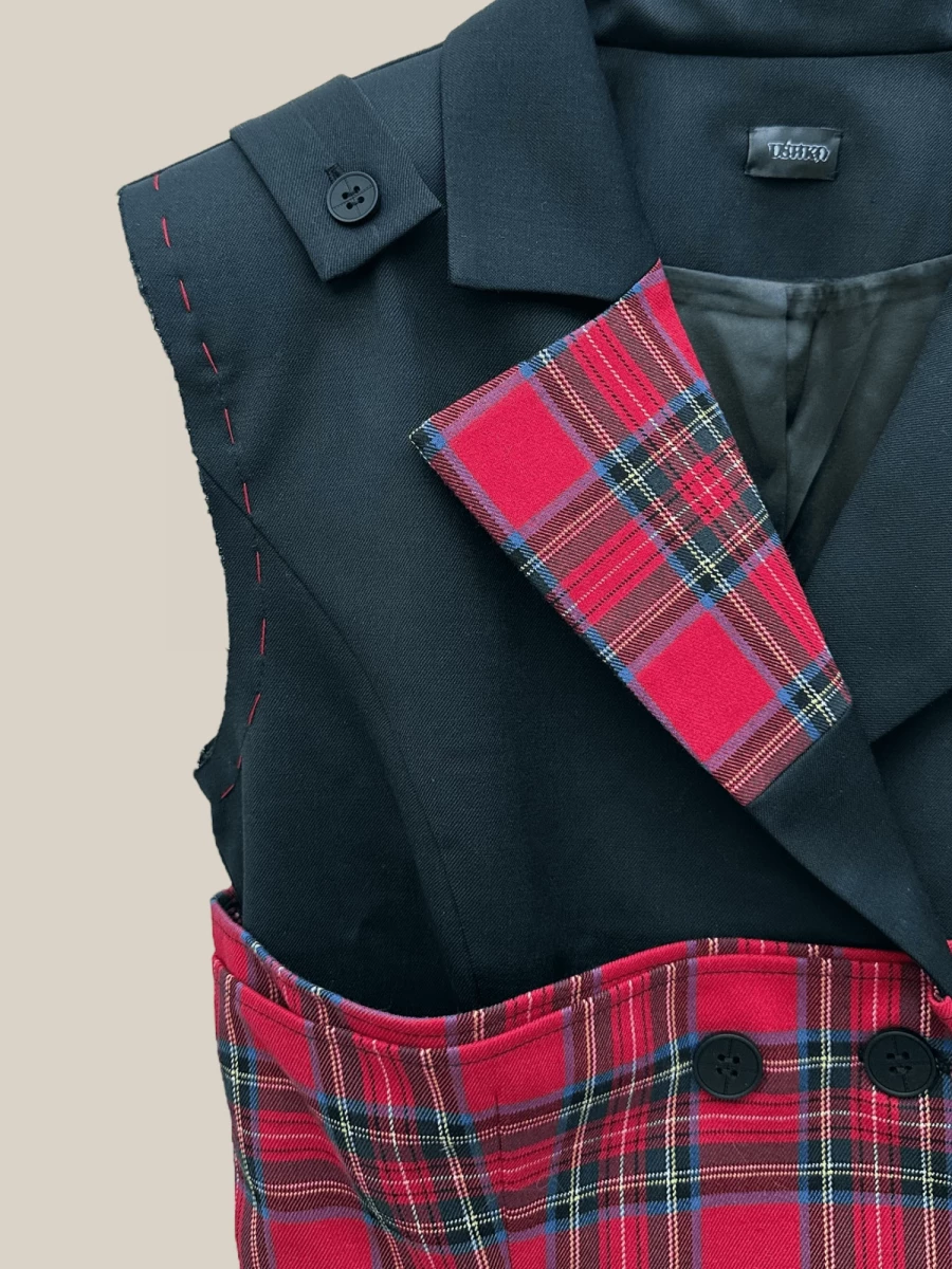 Gilet 'Roll' Nero in Tweed con inserti in Tartan
