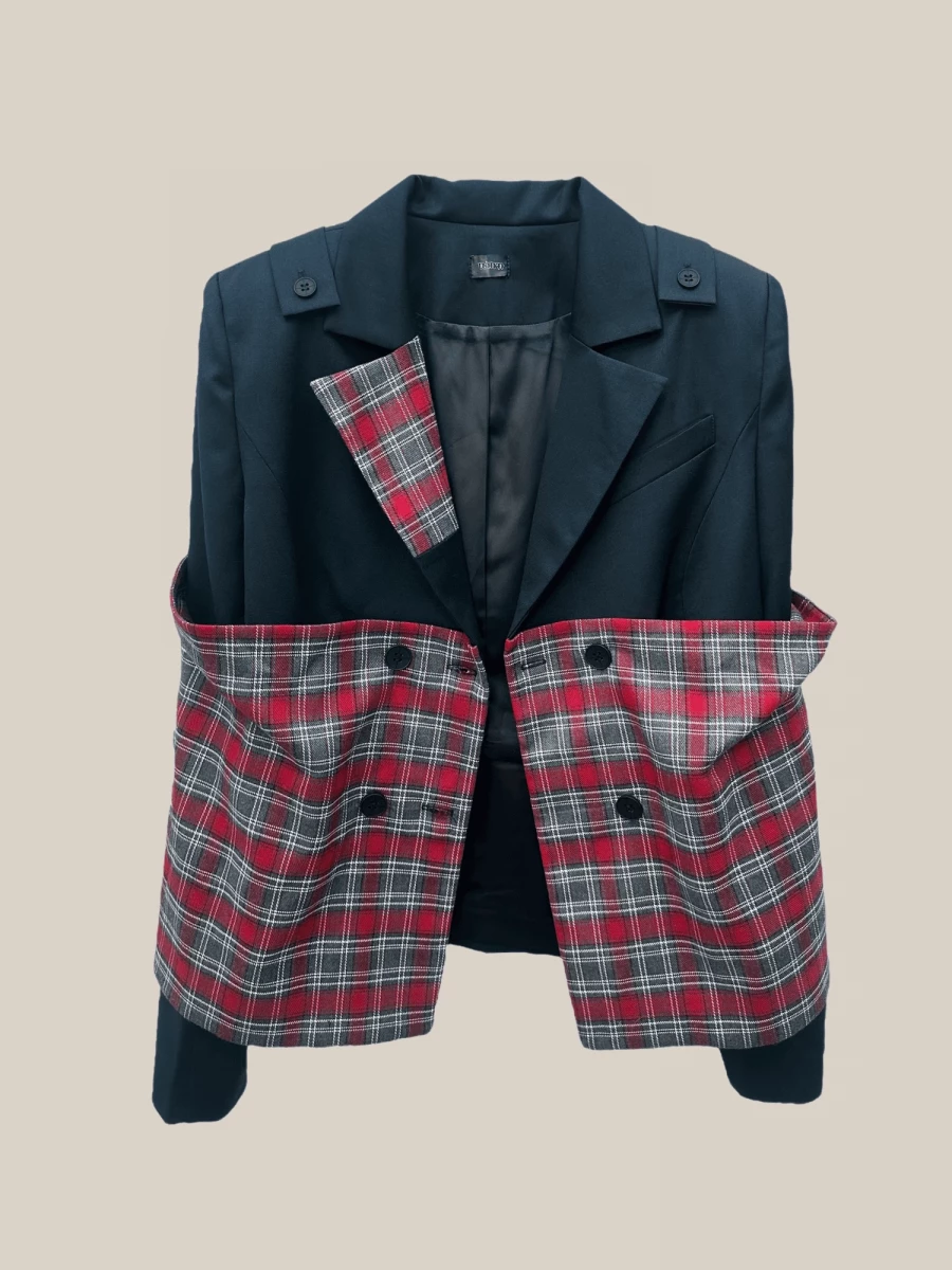 Black ‘Roll' Tweed Blazer with Tartan details