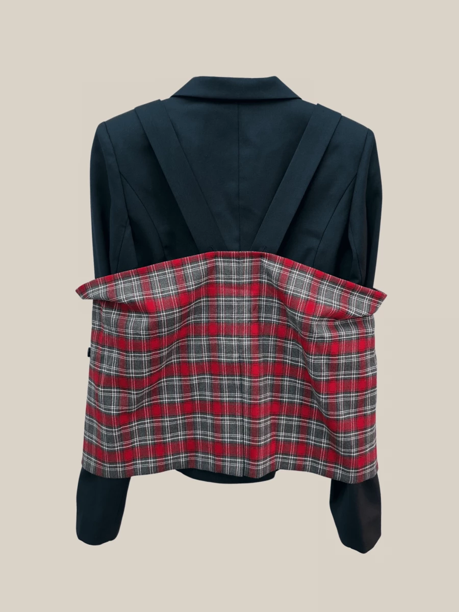 Black ‘Roll' Tweed Blazer with Tartan details