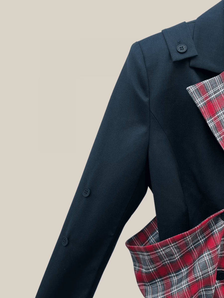 Black ‘Roll' Tweed Blazer with Tartan details