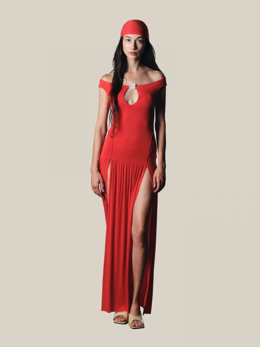 Red 'Coco' Long Dress in Stretch Jersey