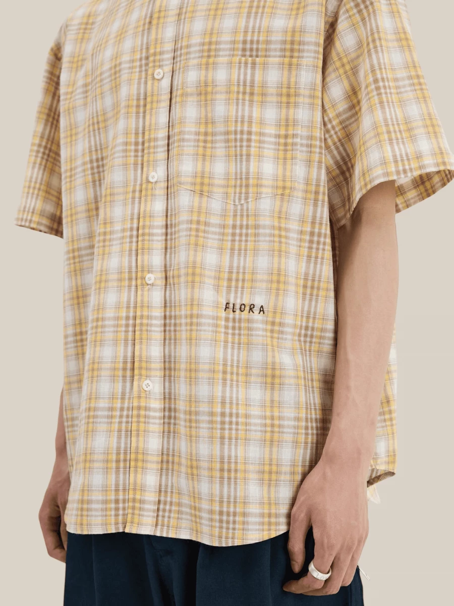 Yellow 'Madras' Short Sleeve Cotton Shirt with Check Pattern