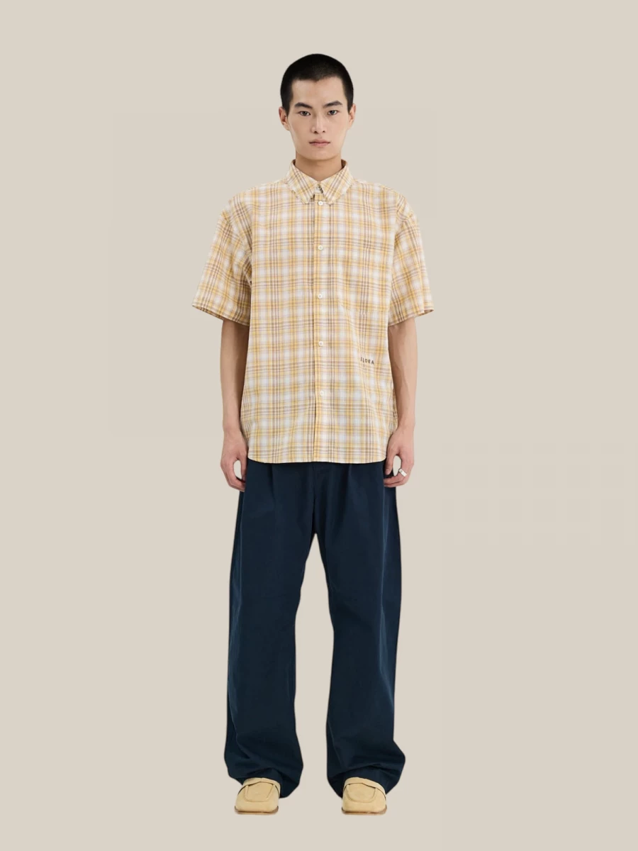 Yellow 'Madras' Short Sleeve Cotton Shirt with Check Pattern