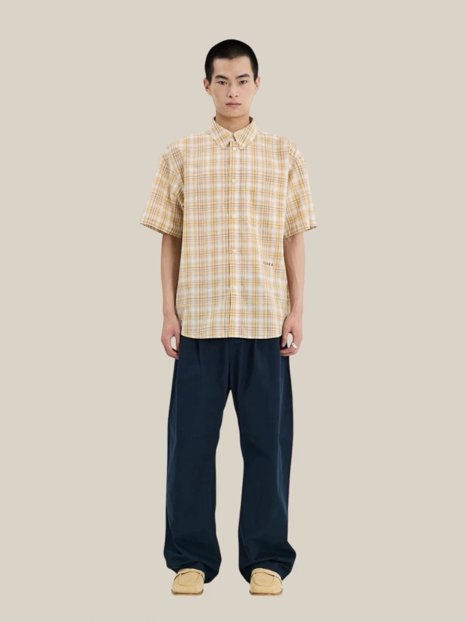 Yellow 'Madras' Short Sleeve Cotton Shirt with Check Pattern