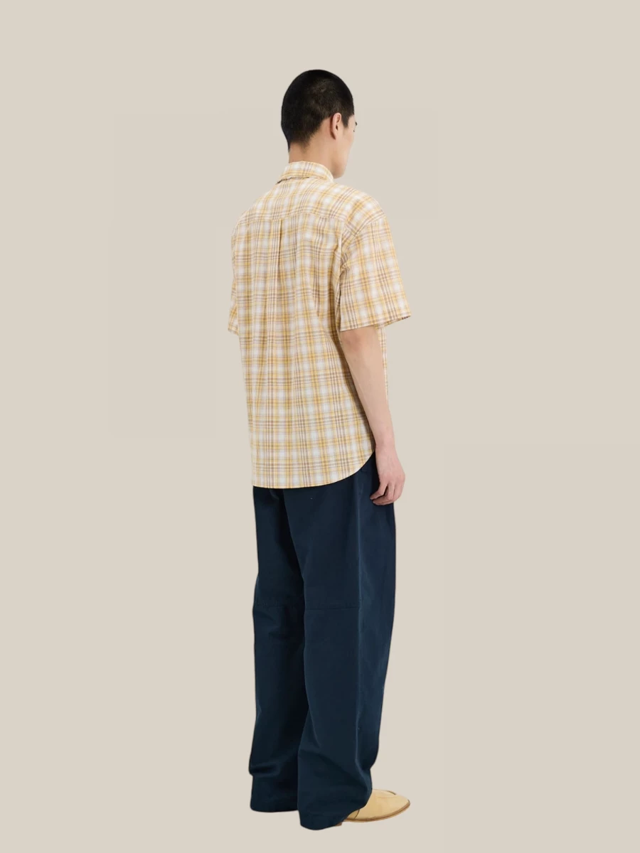 Yellow 'Madras' Short Sleeve Cotton Shirt with Check Pattern