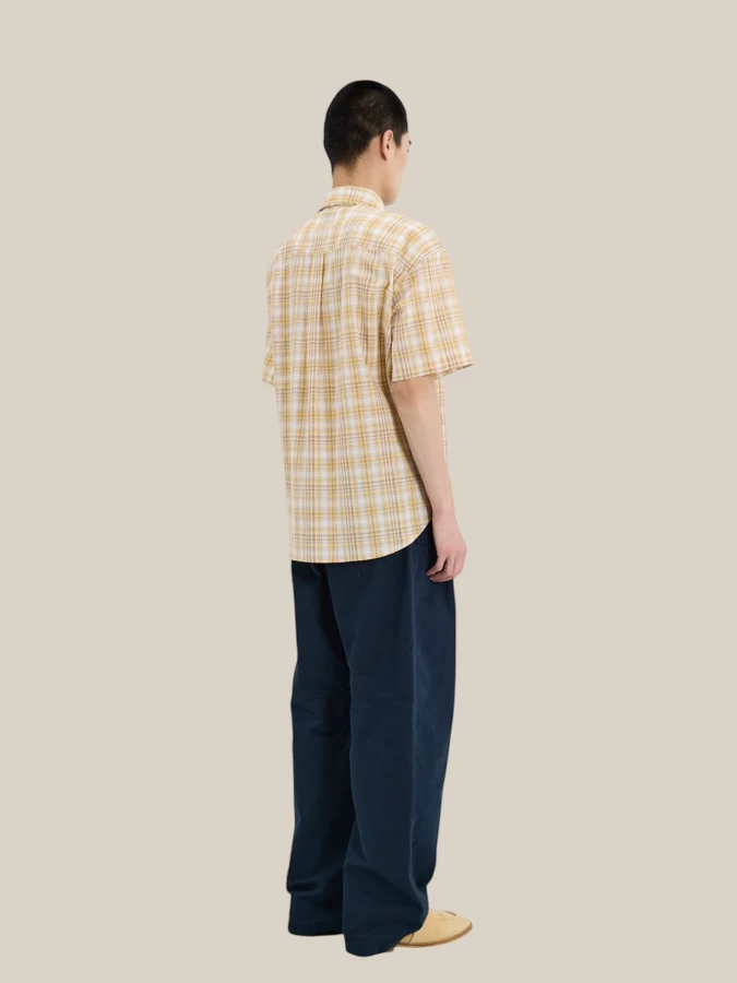 Yellow 'Madras' Short Sleeve Cotton Shirt with Check Pattern