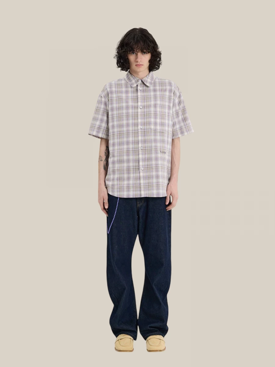 Lavander 'Madras' Short Sleeve Cotton Shirt with Check Pattern