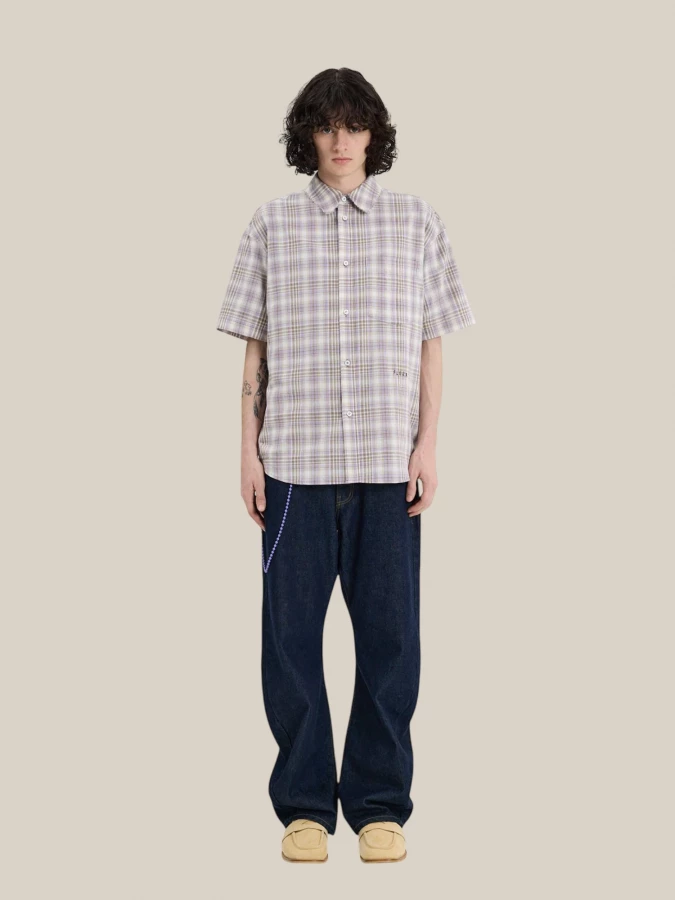 Lavander 'Madras' Short Sleeve Cotton Shirt with Check Pattern