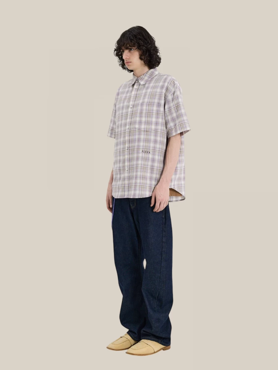 Lavander 'Madras' Short Sleeve Cotton Shirt with Check Pattern