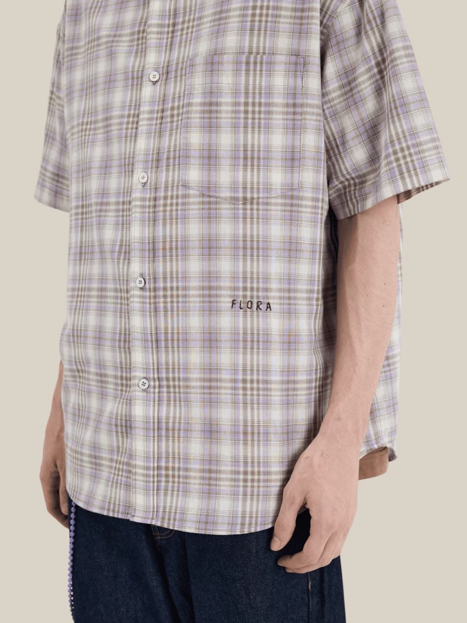 Camicia Lavanda 'Madras' a Maniche Corte in Cotone con Motivo a Quadri