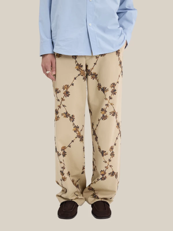 Beige 'Chino' Wide Leg Trousers with Floral Pattern