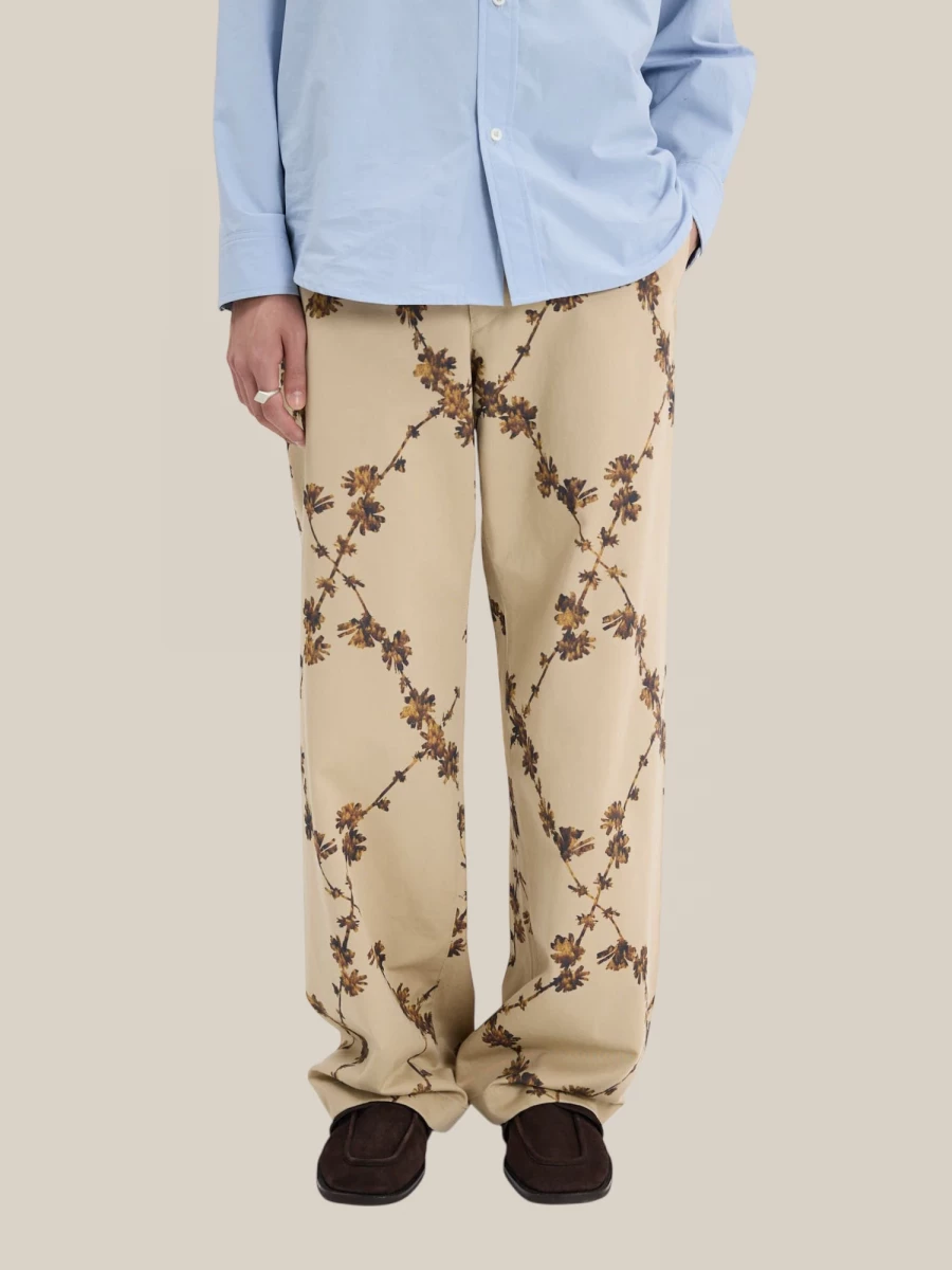 Beige 'Chino' Wide Leg Trousers with Floral Pattern