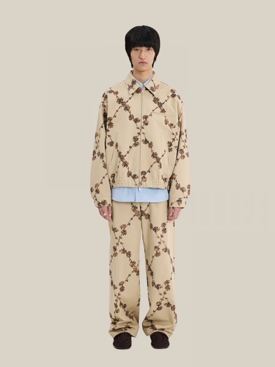 Beige 'Chino' Wide Leg Trousers with Floral Pattern