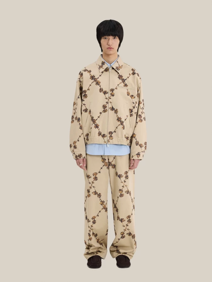 Beige 'Chino' Wide Leg Trousers with Floral Pattern