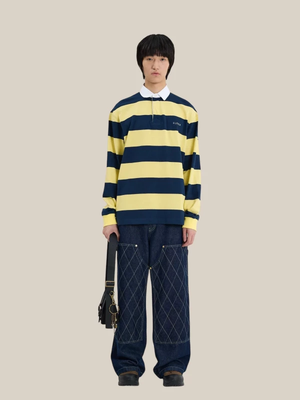 Dark Blue Yellow Striped Rugby Cotton Polo Shirt