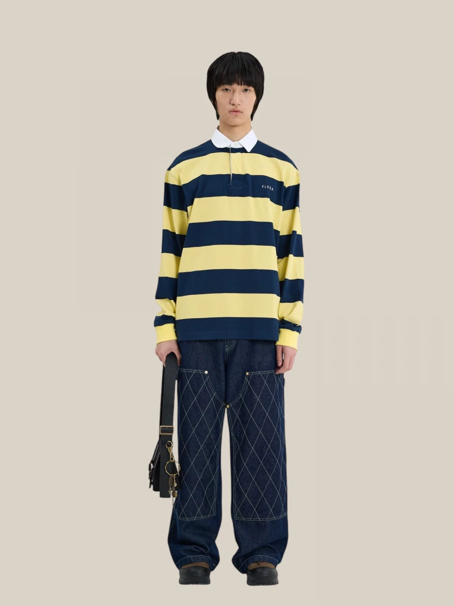 Dark Blue Yellow Striped Rugby Cotton Polo Shirt