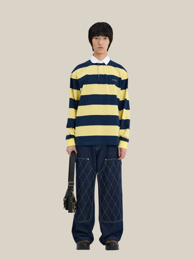 Dark Blue Yellow Striped Rugby Cotton Polo Shirt