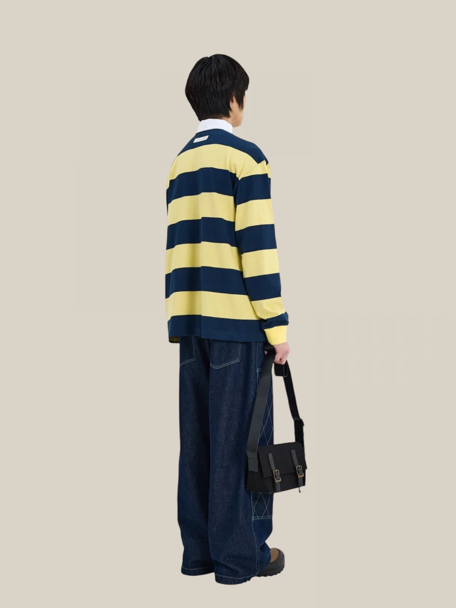 Dark Blue Yellow Striped Rugby Cotton Polo Shirt