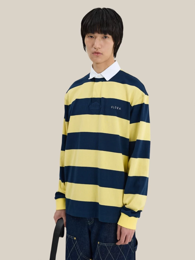 Dark Blue Yellow Striped Rugby Cotton Polo Shirt