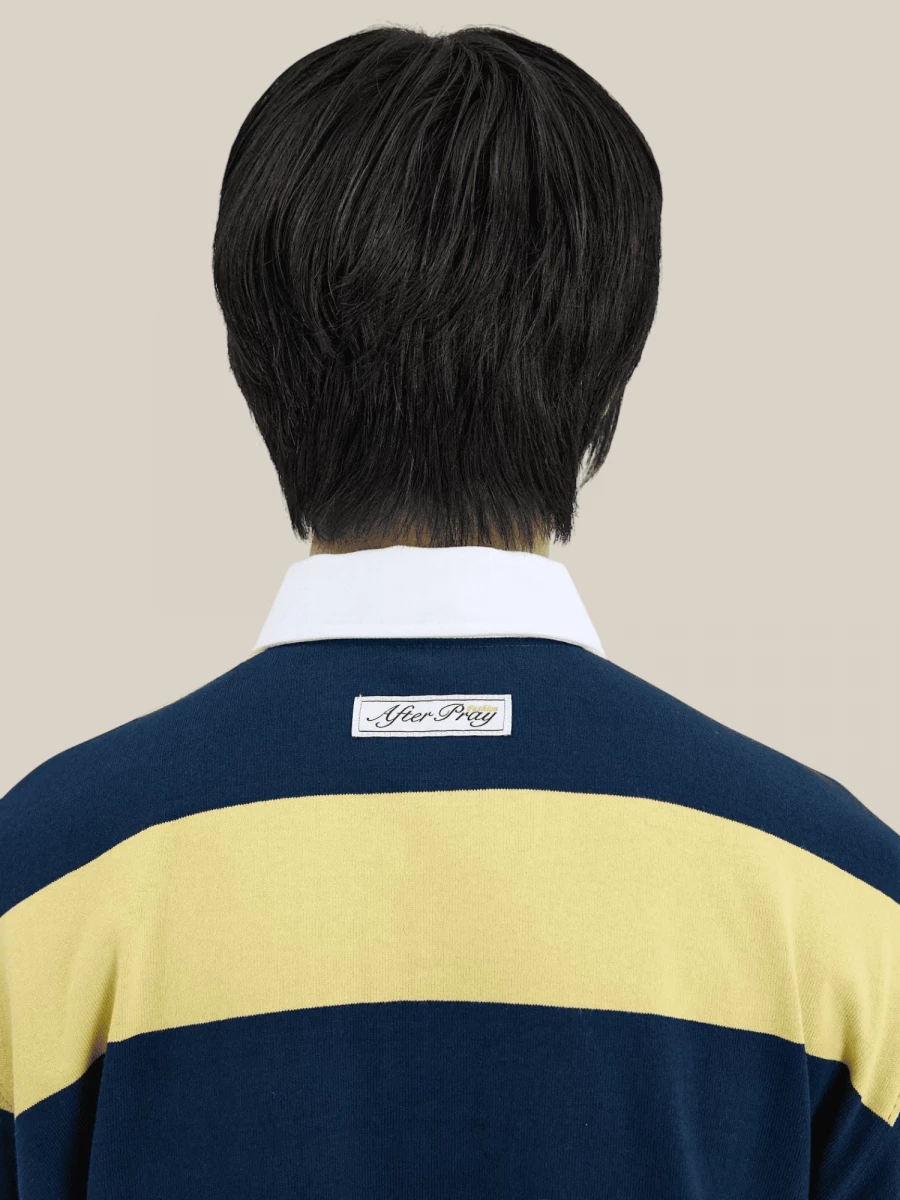 Polo Blu Scuro Giallo a Righe in Stile Rugby