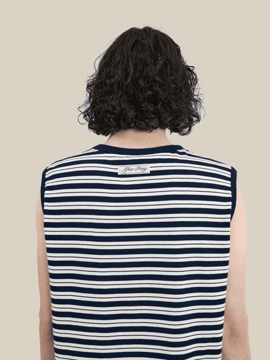 Gilet Blu Scuro Bianco con Motivo a Righe in Cotone