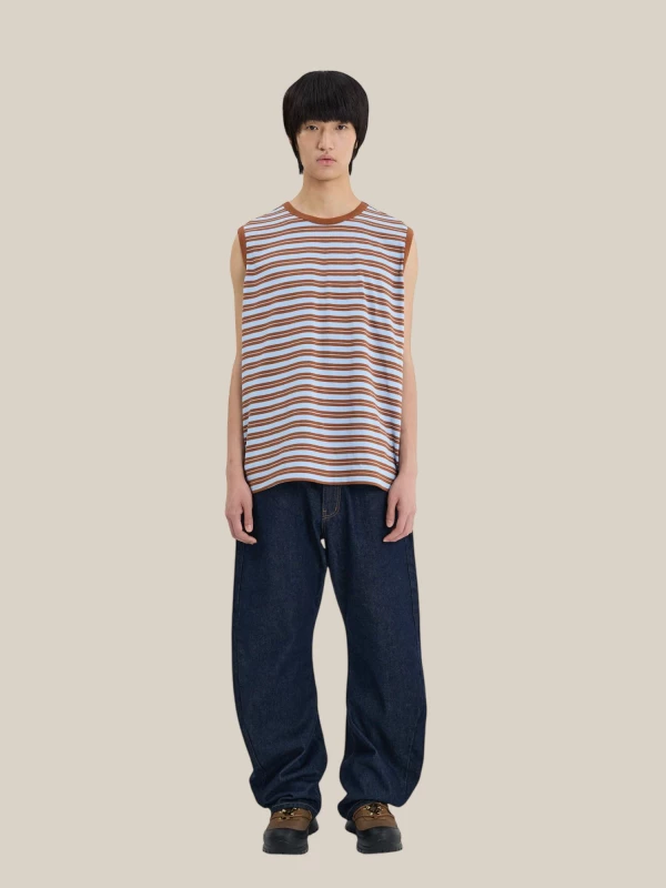 Brown Light Blue Gilet with Striped Pattern in Cotton