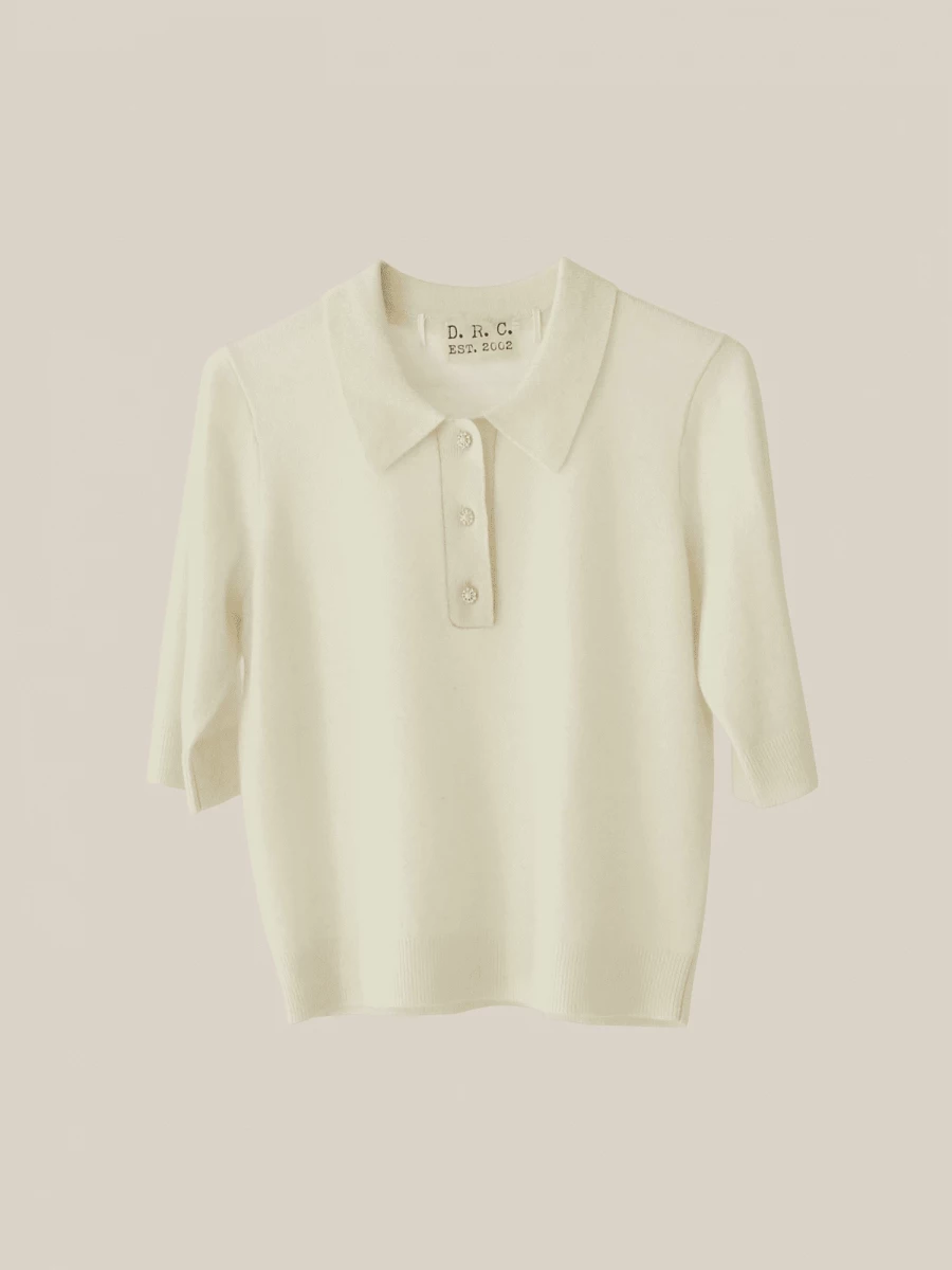 Ivory 'Cosmo' Wool and Cashmere Three-Quarter Sleeves Polo