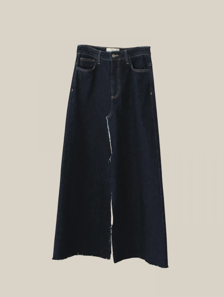 Dark Blue ‘Miles' Denim Skirt with Front Slit and Frayed Details