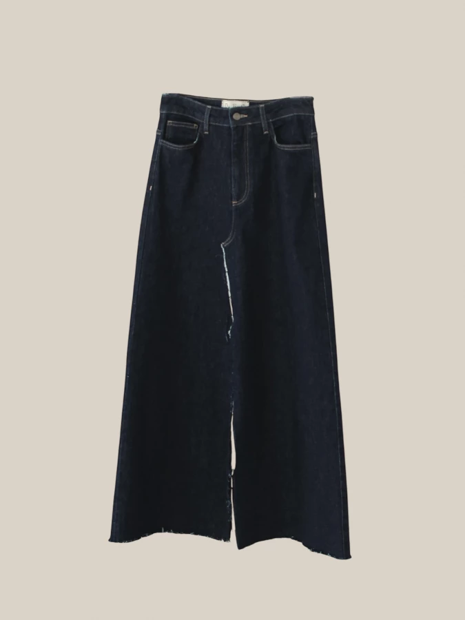 Dark Blue ‘Miles' Denim Skirt with Front Slit and Frayed Details