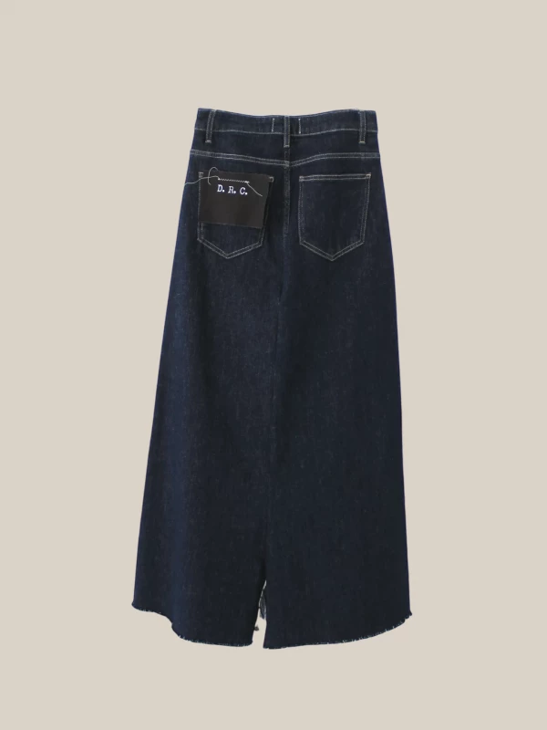Dark Blue ‘Miles' Denim Skirt with Front Slit and Frayed Details 2