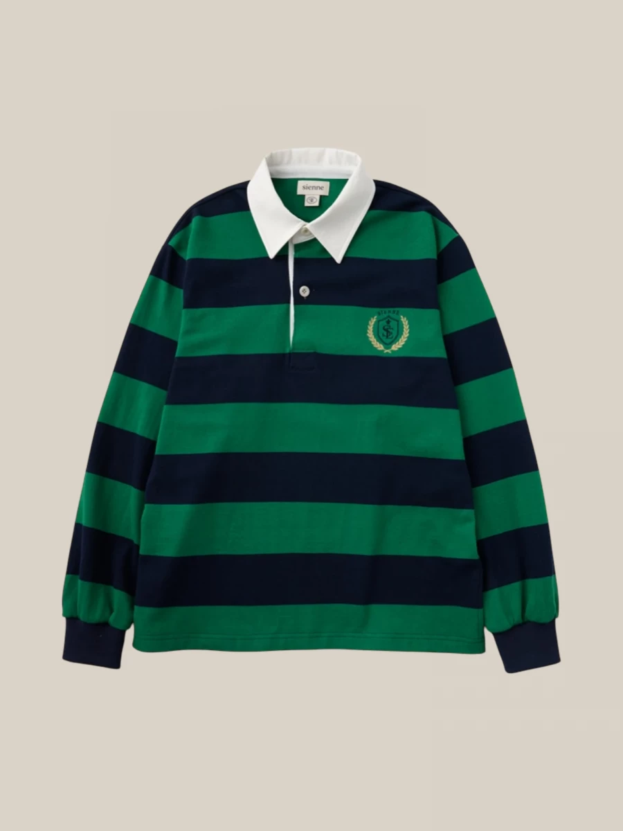 Dark Blue Green Striped Cotton Rugby Polo Shirt