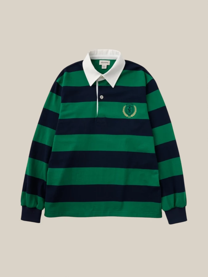 Polo Rugby Verde Blu Scuro a Righe in Cotone