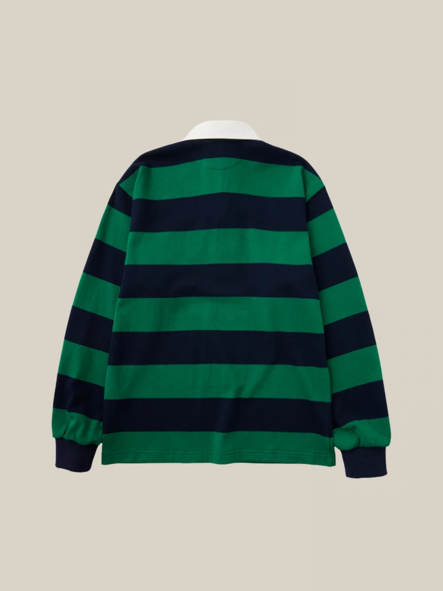 Dark Blue Green Striped Cotton Rugby Polo Shirt
