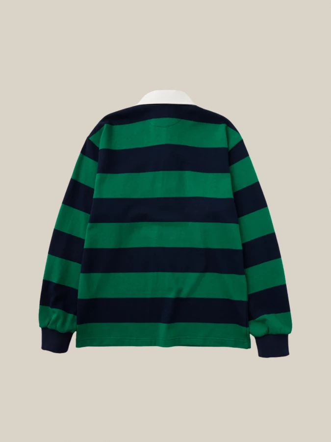 Dark Blue Green Striped Cotton Rugby Polo Shirt