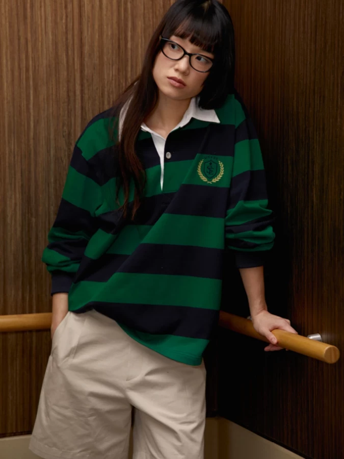 Dark Blue Green Striped Cotton Rugby Polo Shirt