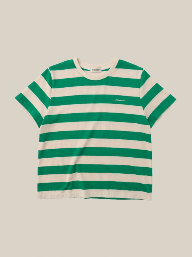 T-Shirt a Righe Verde Beige in Cotone