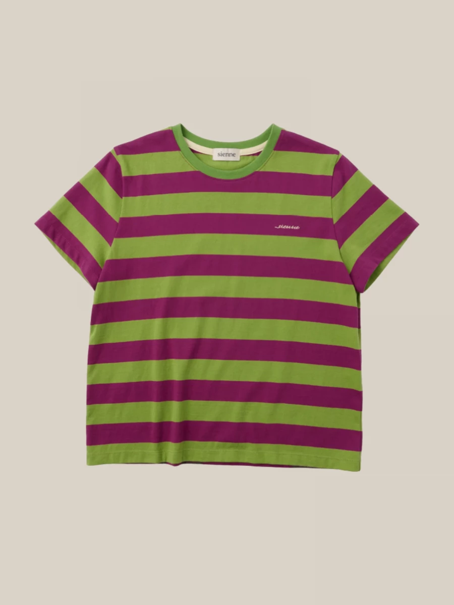 T-Shirt a Righe Verde Acido Viola in Cotone